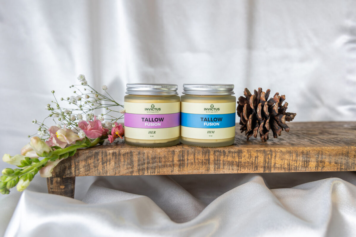 Him and Her Bundle by Invictus Vitality grass-fed tallow balms in glass jars with sustainable bamboo lids, natural skincare for couples
