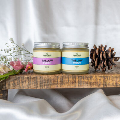 Him and Her Bundle by Invictus Vitality grass-fed tallow balms in glass jars with sustainable bamboo lids, natural skincare for couples