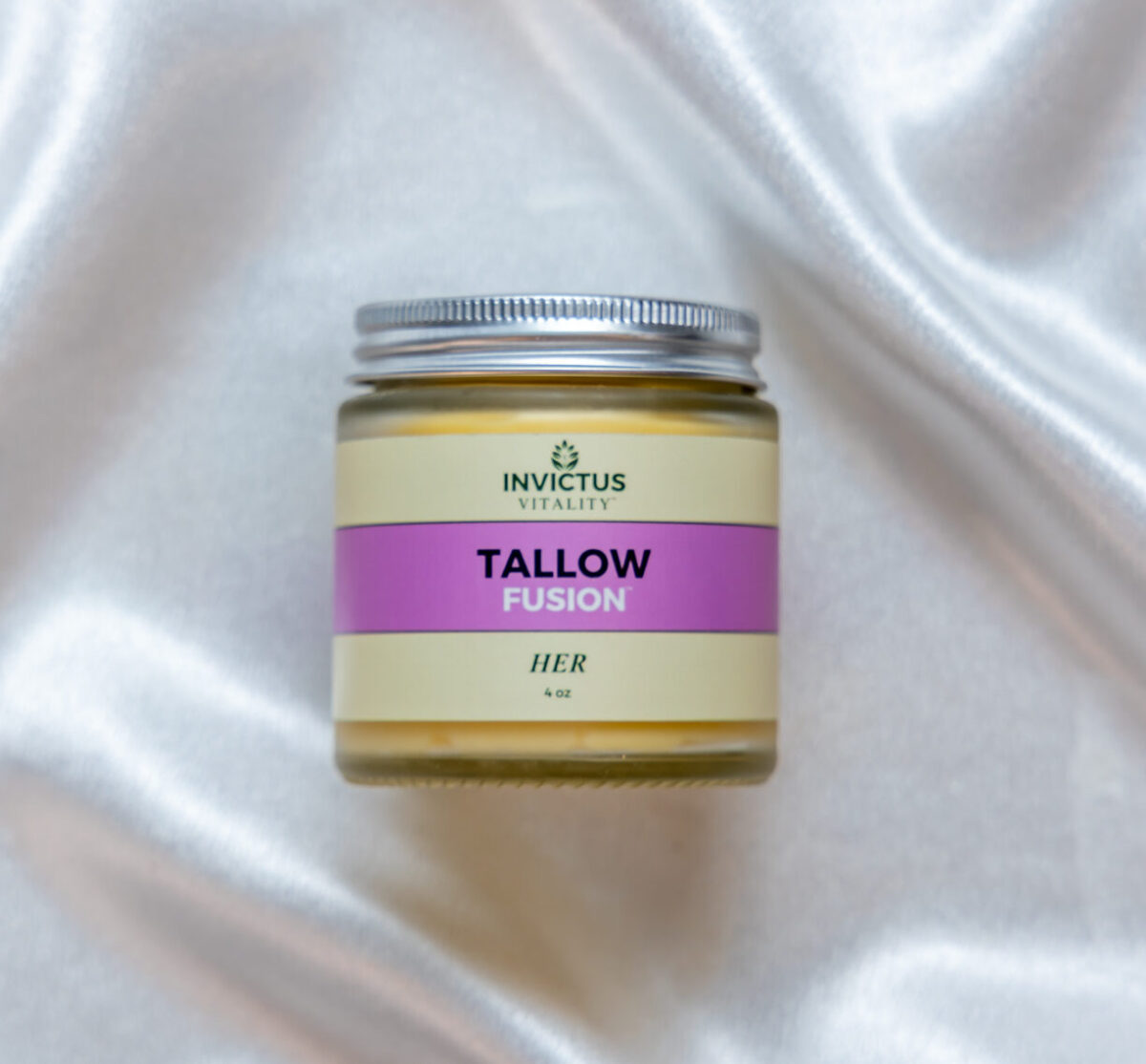 Tallow Fusion for Her in 4 oz glass jar with sustainable bamboo lid – a luxurious, natural balm for radiant skin.
