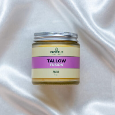 Tallow Fusion for Her in 4 oz glass jar with sustainable bamboo lid – a luxurious, natural balm for radiant skin.