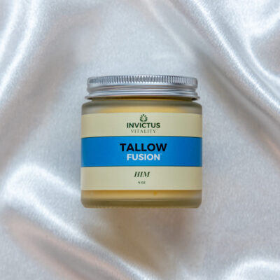 Tallow Fusion for Him 4 oz glass jar with sustainable bamboo lid by Invictus Vitality, featuring nourishing natural skincare balm for men.