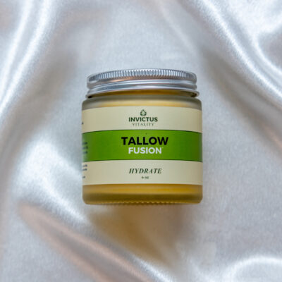 Tallow Fusion Hydrate 4 oz glass jar with sustainable bamboo lid by Invictus Vitality, natural skincare balm for deep hydration