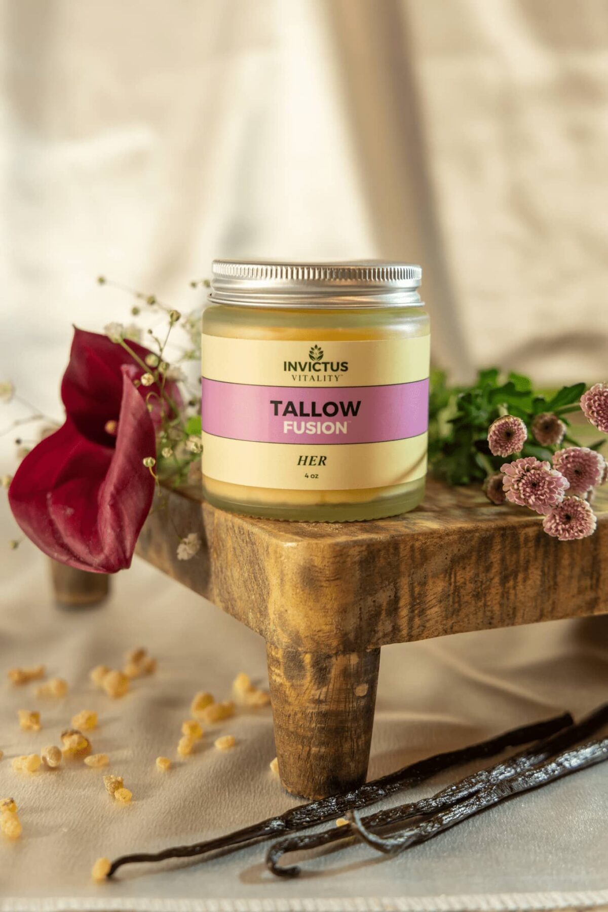 Tallow Fusion for Her balm in a 4 oz glass jar with sustainable bamboo lid – nourishing, all-natural face and body skincare for women