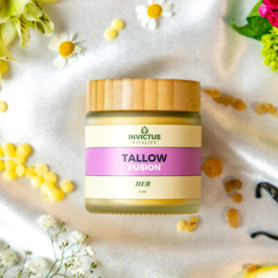 Tallow Fusion for Her in 4 oz glass jar with sustainable bamboo lid – a luxurious, natural balm for radiant skin.